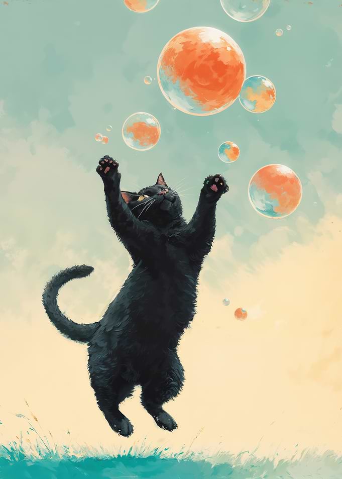 Black Cat Leaping To Catch Floating Bubbles