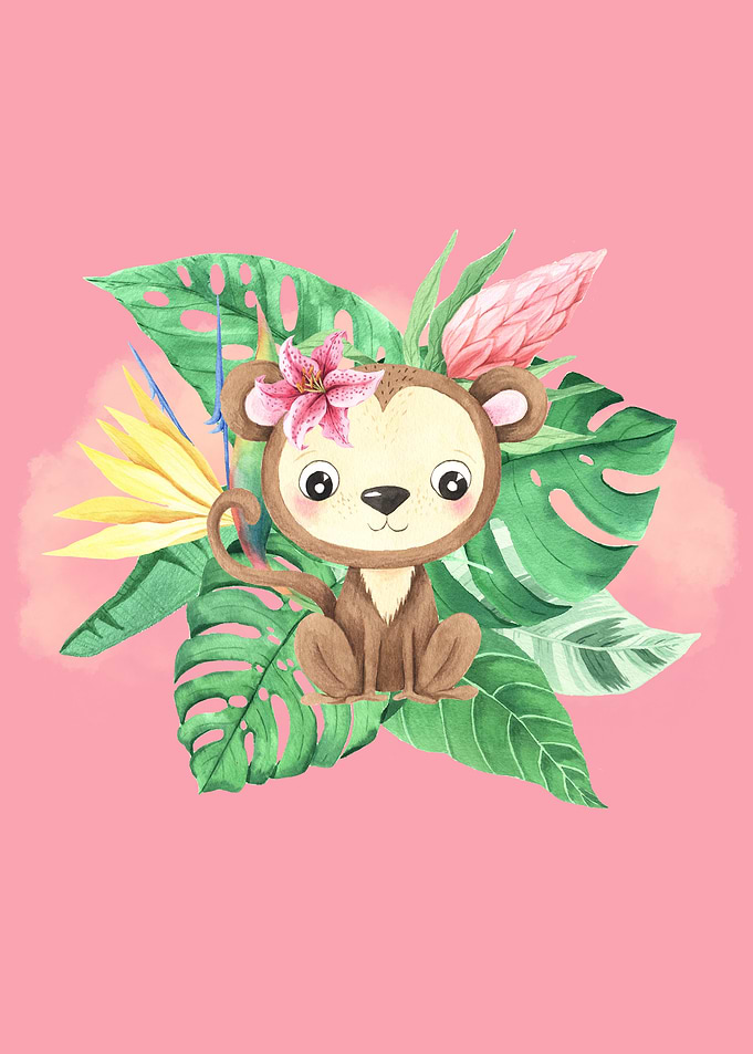 Cute Monkey with Tropical Flowers