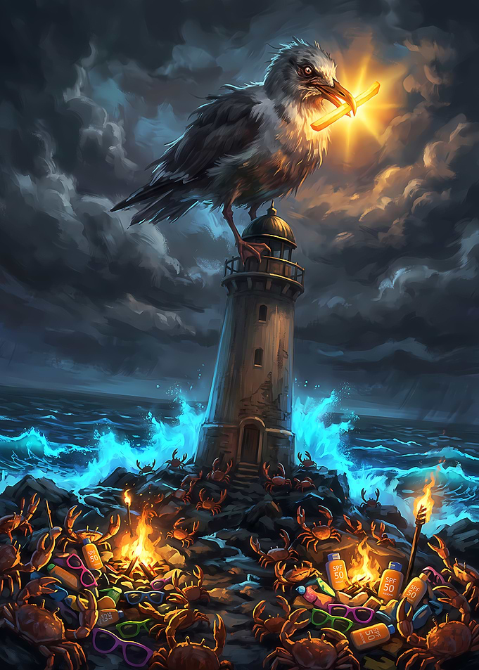 Giant Seagull Guarding Crab Beach Party