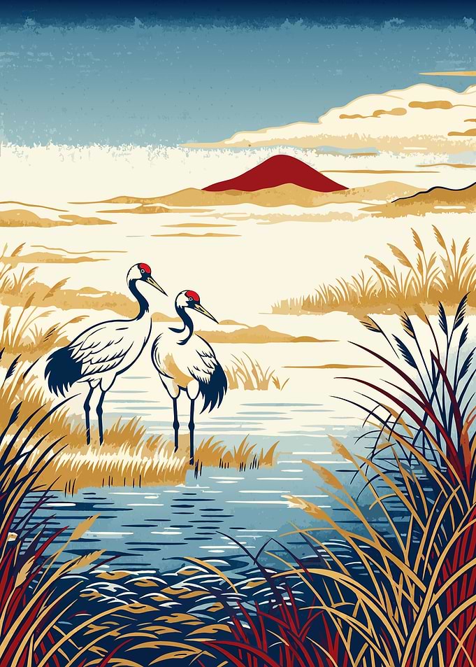 Crimson Cranes – Dawn Over the Misty Marsh