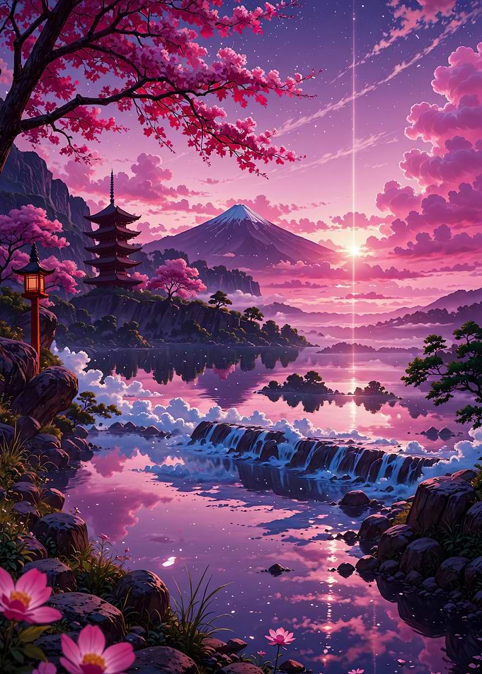 Serene Japanese Landscape with Mount Fuji