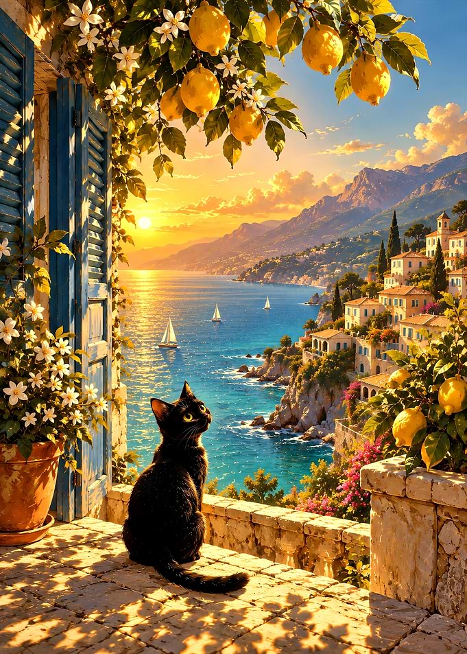 Black Cat Overlooking Mediterranean Coast