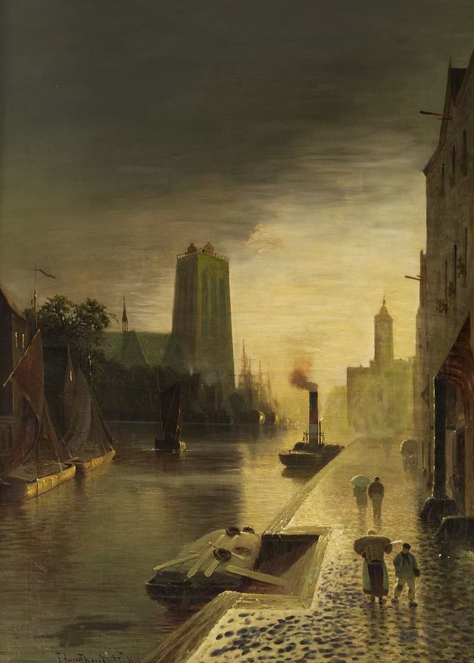 Harbor Scene at Sunset Painting