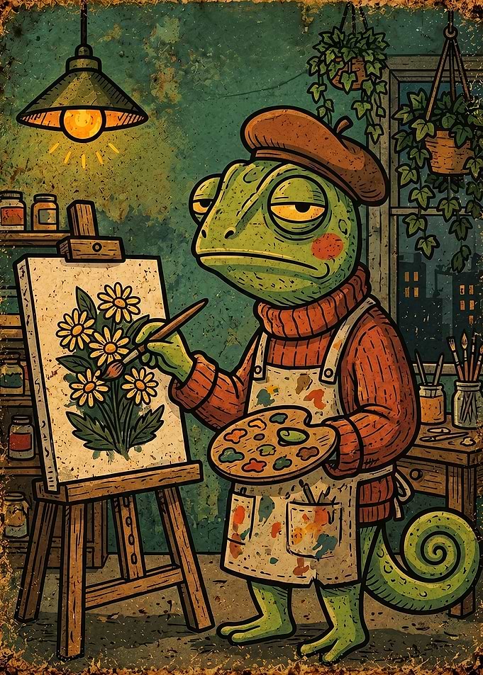 Chameleon Artist Painting Flowers