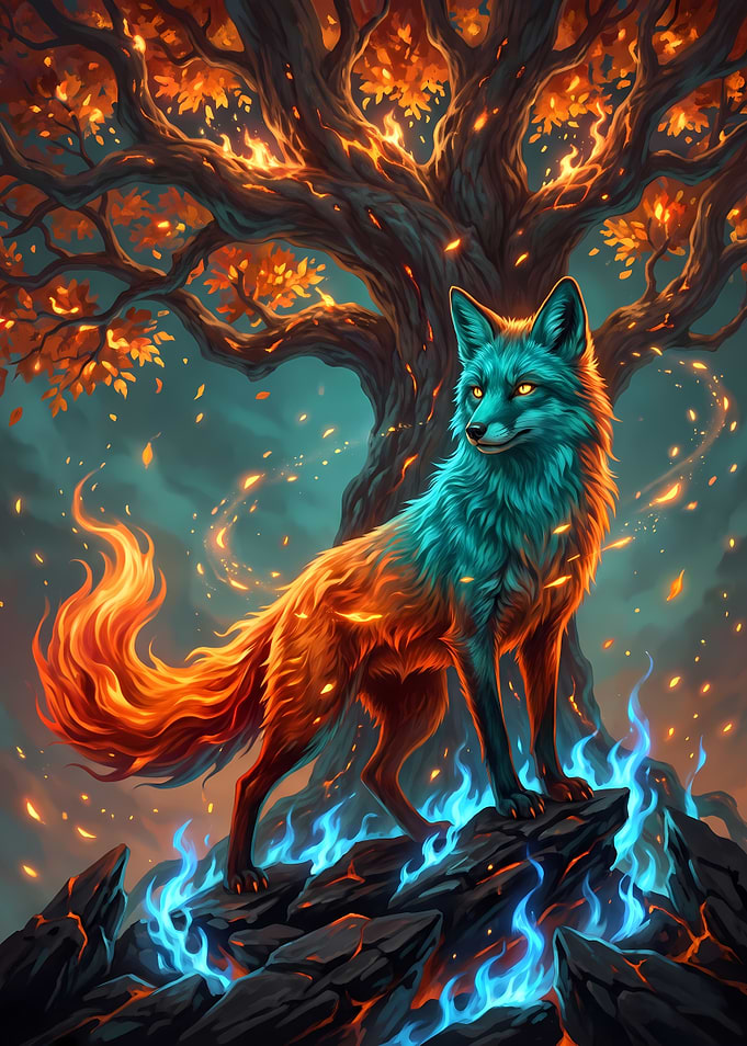 Mystical Fire Fox and Ancient Tree