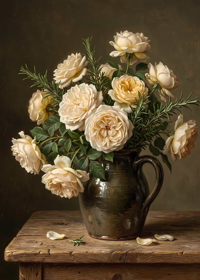 Still Life Cream Roses in Pitcher