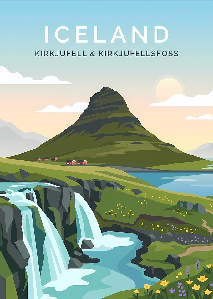 Iceland Kirkjufell and Kirkjufellsfoss Travel Poster