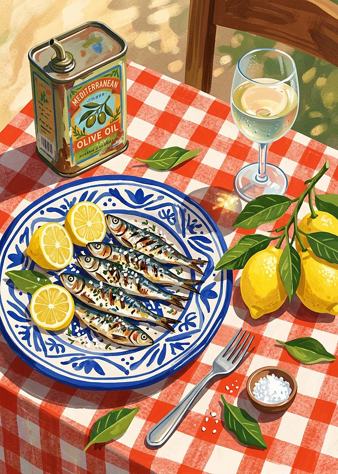 simpel Mediterranean Grilled Sardines Picnic Scene