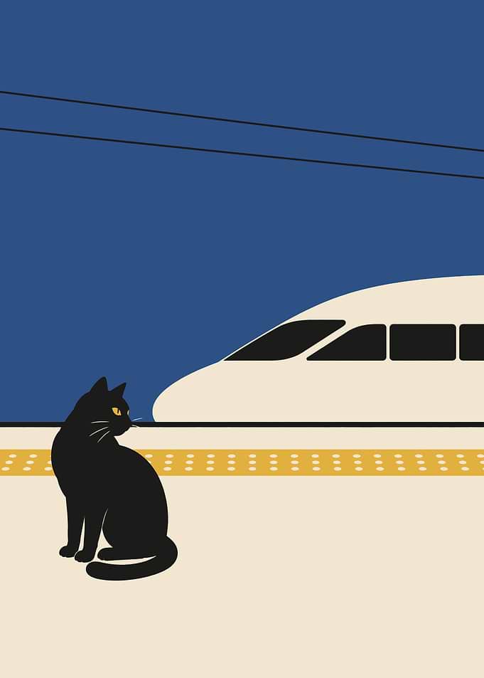 Black Cat on the Platform – Japandi Flat Poster Art