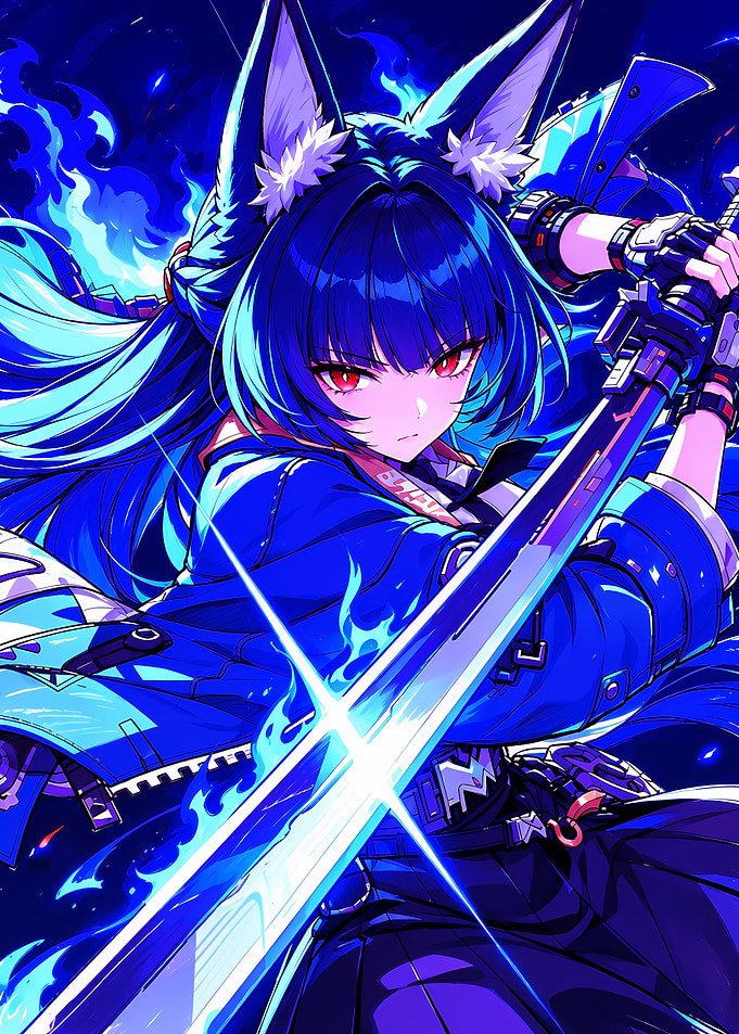 Blue Fox Girl Warrior with Sword