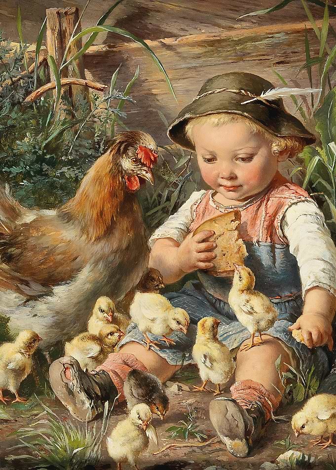 Child Feeding Chicks in Farmyard