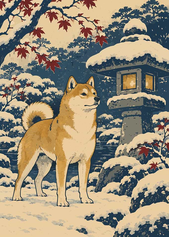 Shiba Inu in Snowy Japanese Garden