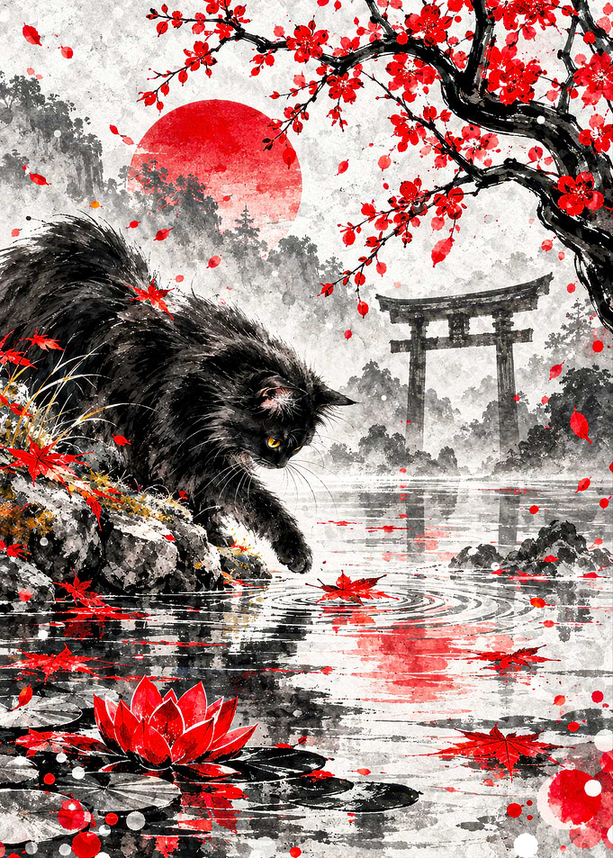Black Cat by Japanese Torii Gate