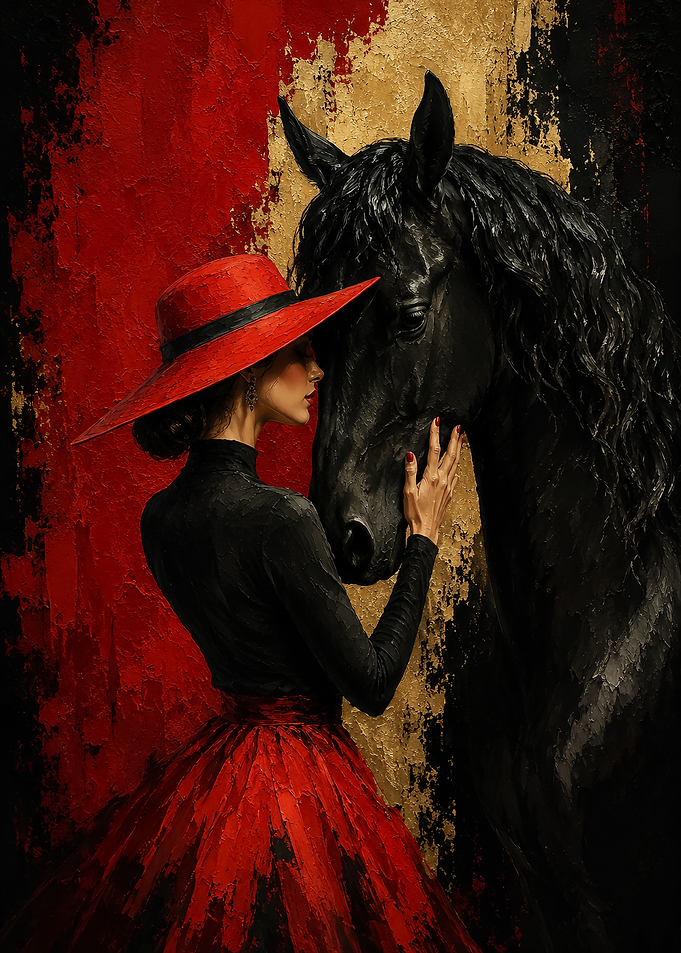Woman in Red Hat and Horse