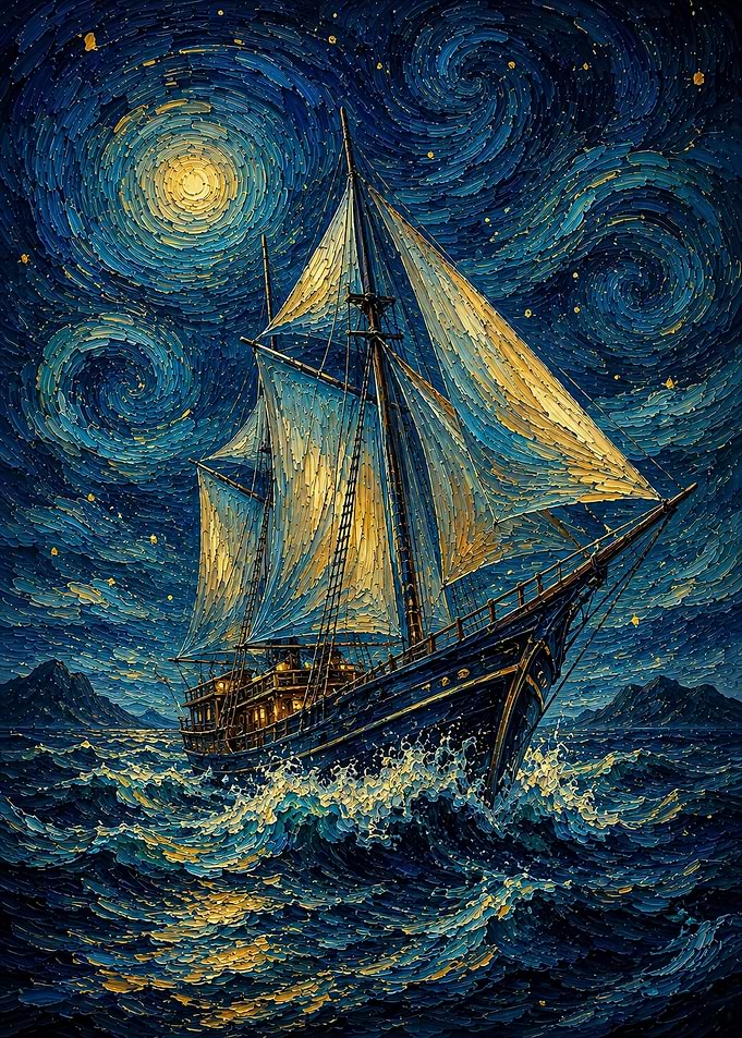 Sailing Ship Under Starry Night Sky