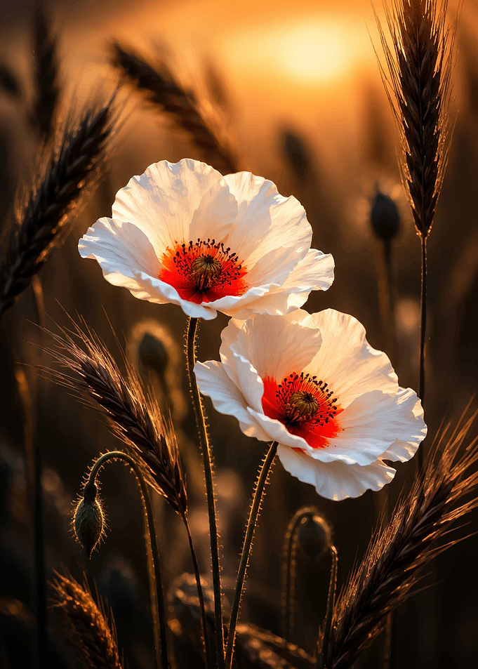 White Poppies in Golden Sunset