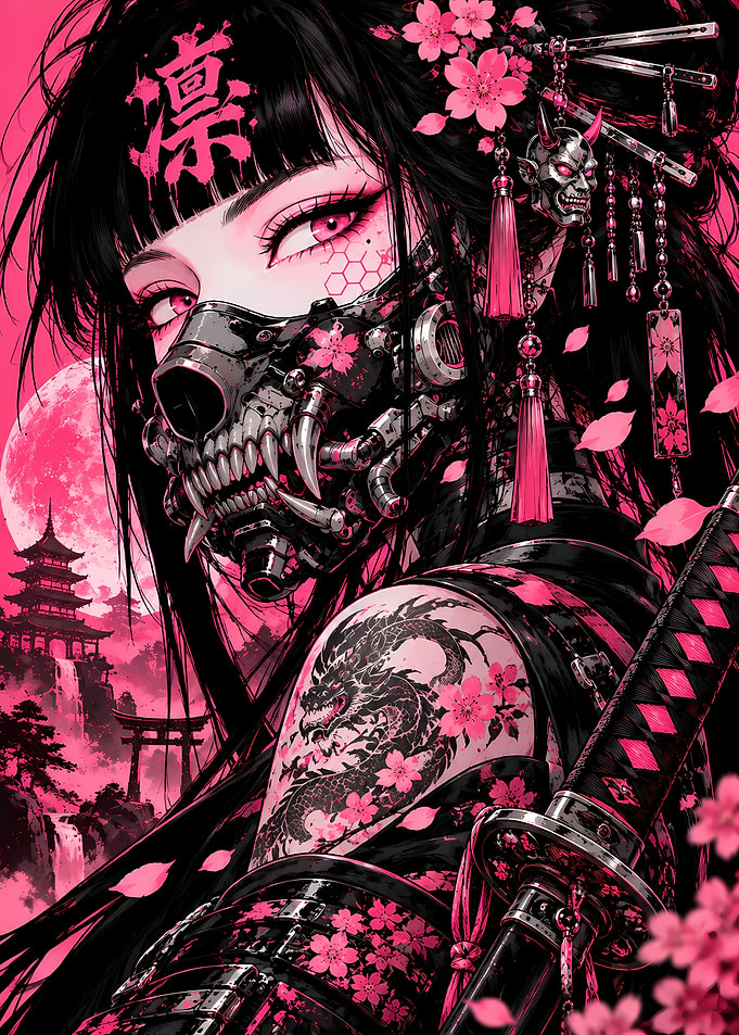 Cyberpunk Samurai Girl with Dragon Tattoo