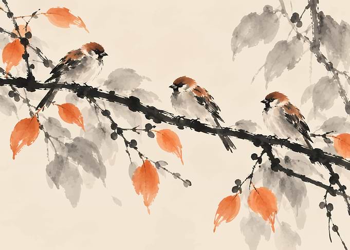 Three Sparrows on Autumn Branch