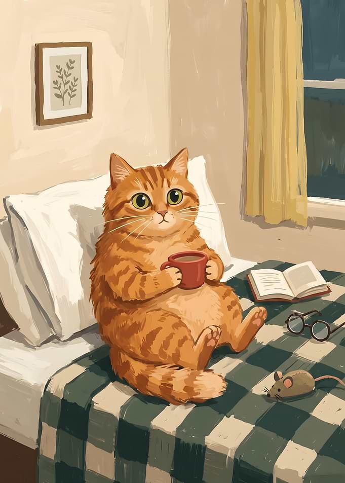 Cozy Ginger Cat Drinking Coffee