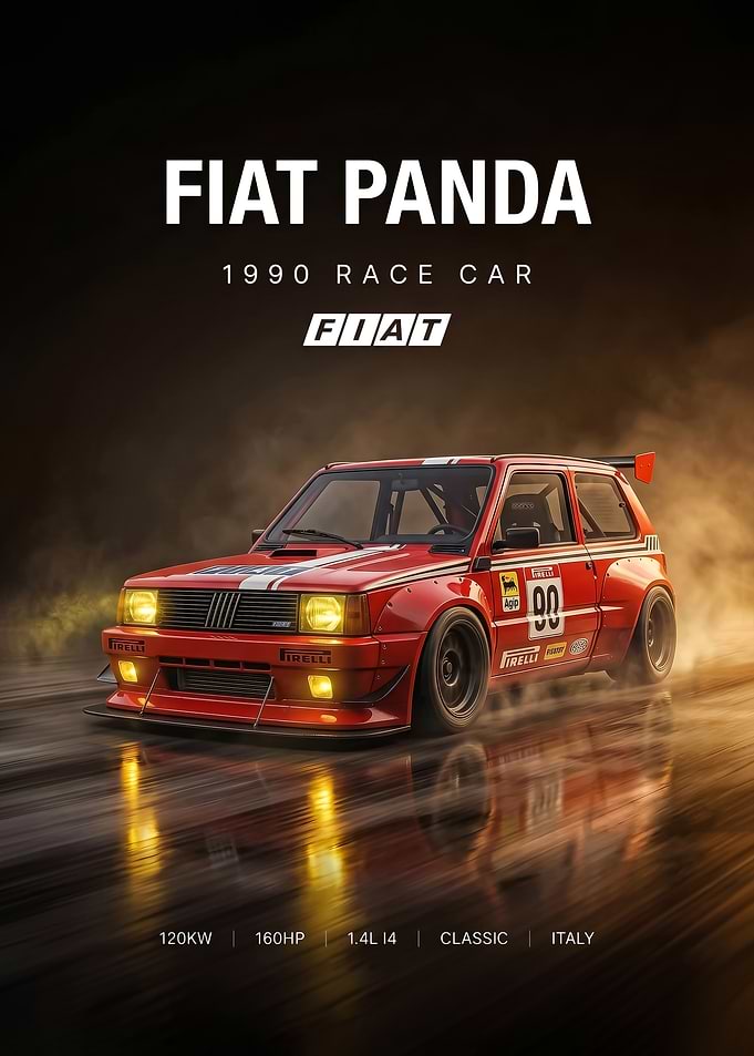 A stylized digital art classic 1990 panda race car Poster