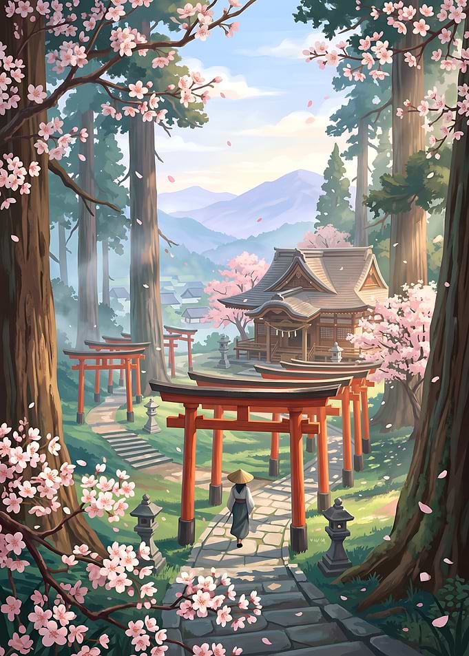 Japanese Shrine with Torii Gates and Sakura