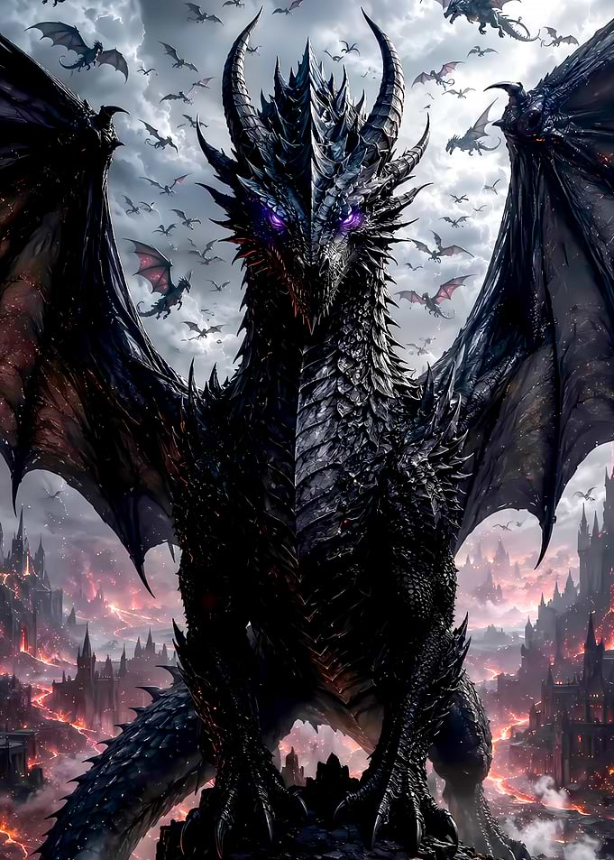 Majestic Black Dragon Over Ruined City
