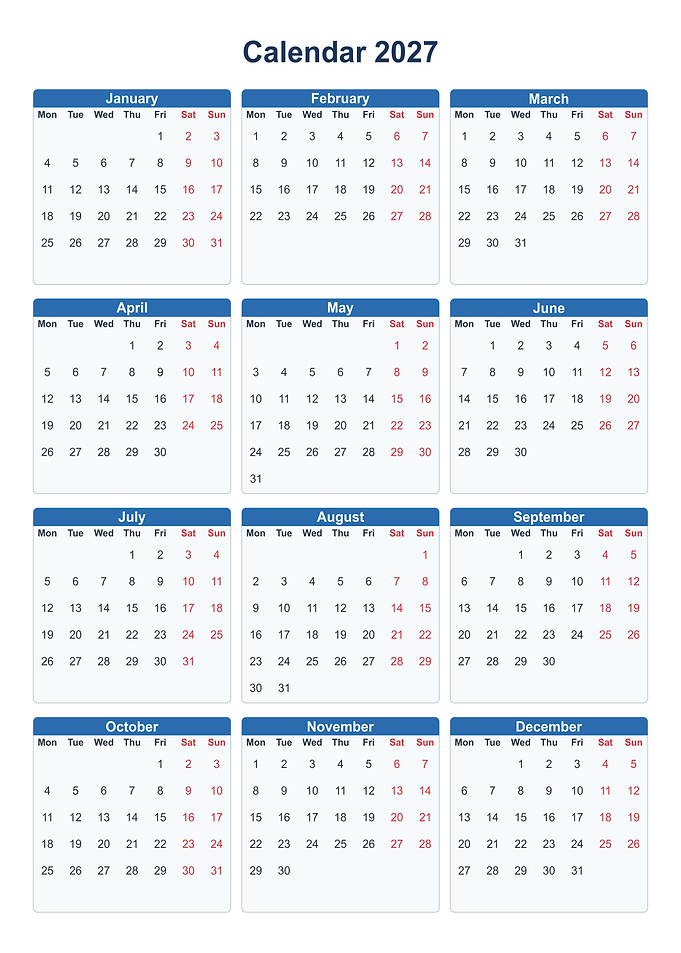 2027 Yearly Calendar Template
