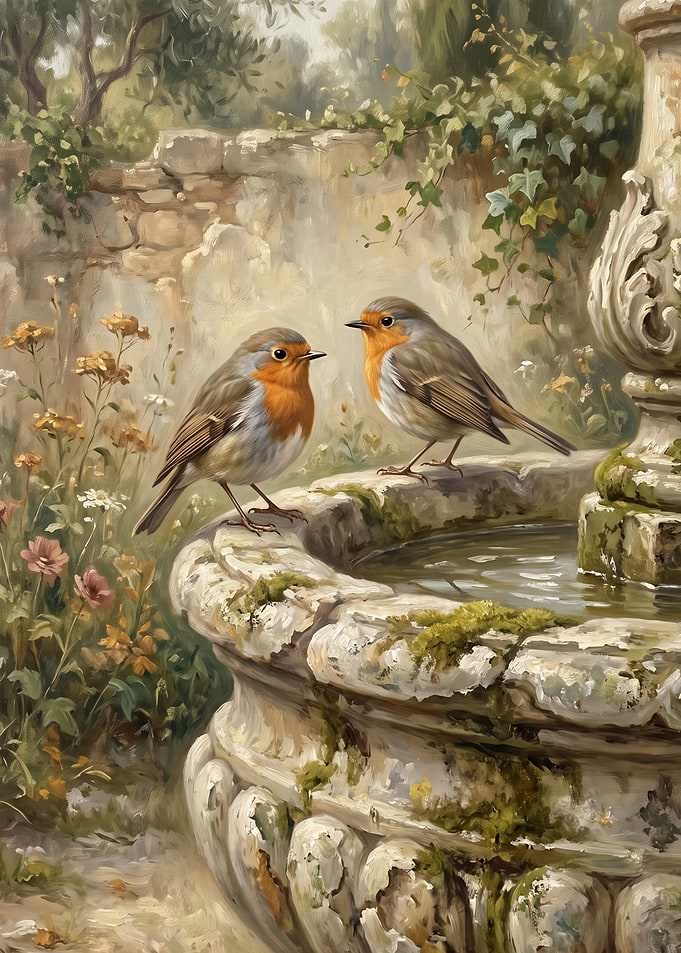 Two Robins at a Garden Fountain