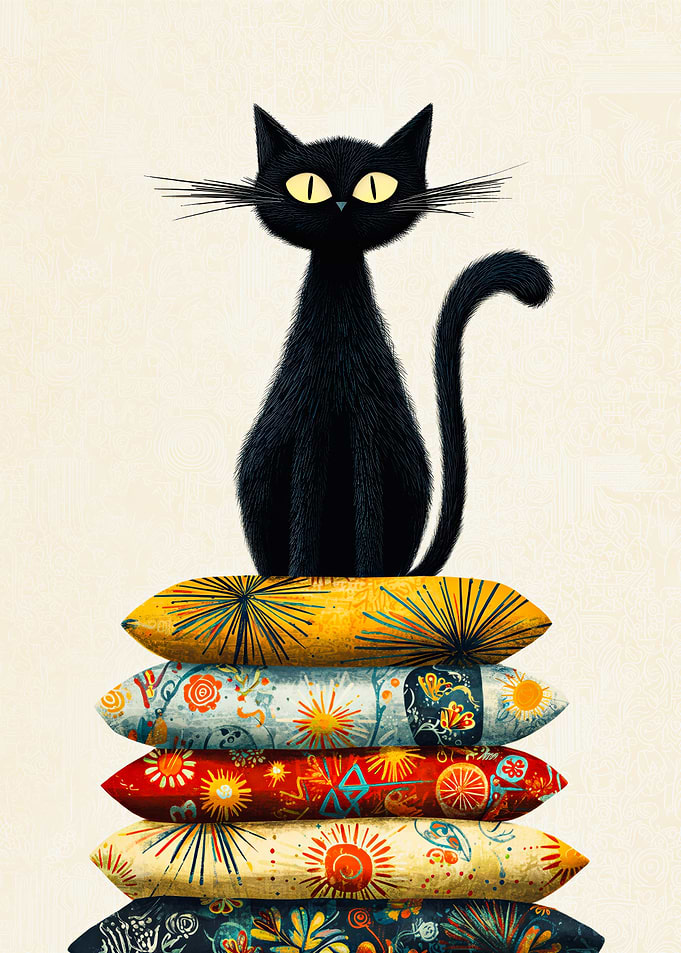 Black Cat Sitting On Stacked Decorative Pillows