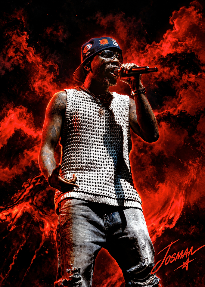 Rapper Performing Against Fiery Background
