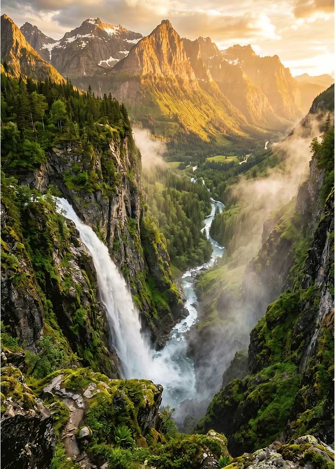 Majestic Waterfall in Alpine Valley