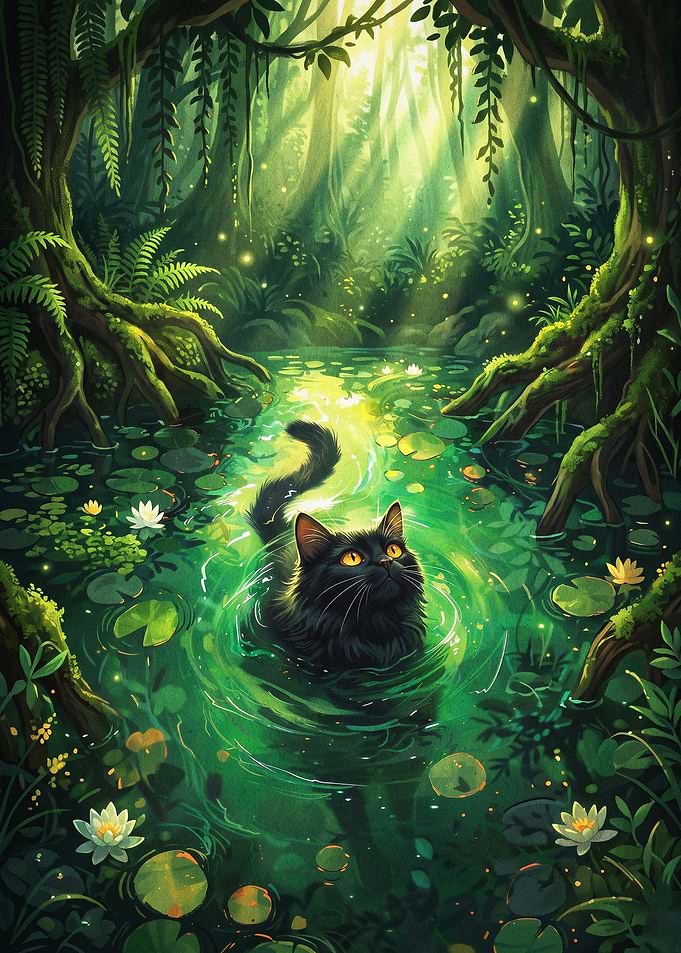 Black Cat Jungle Swamp Fantasy Art