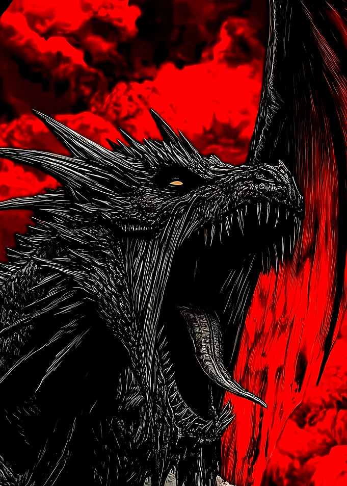 Roaring Black Dragon in Red Sky