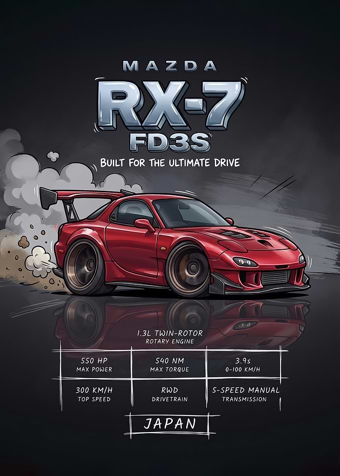 A stylized digital illustration caricature rx7 fd3S Car Poster