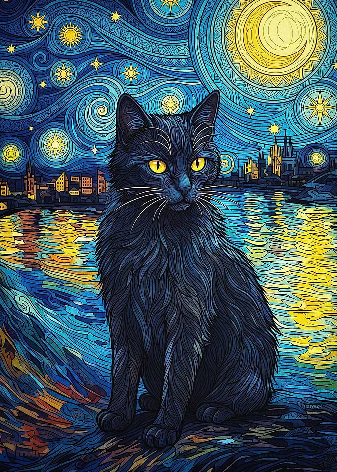 Starry Night Black Cat Art