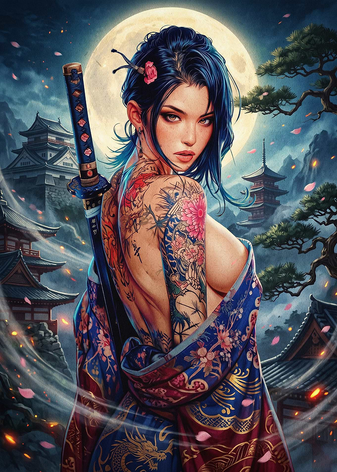 Samurai Girl Tattoo Japan Art Poste
