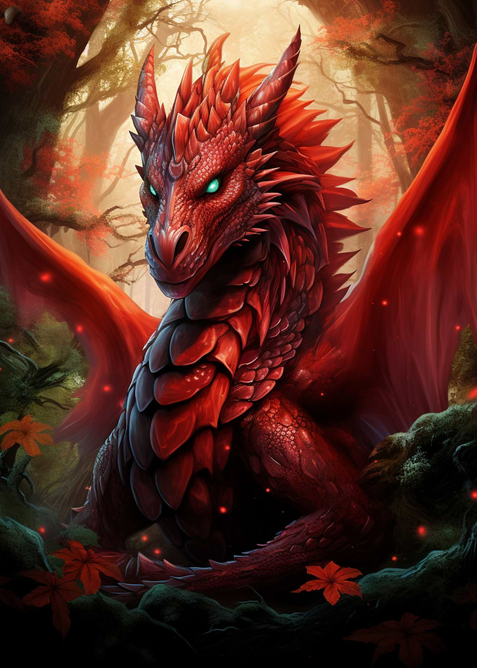 Majestic Red Dragon in Enchanted Forest