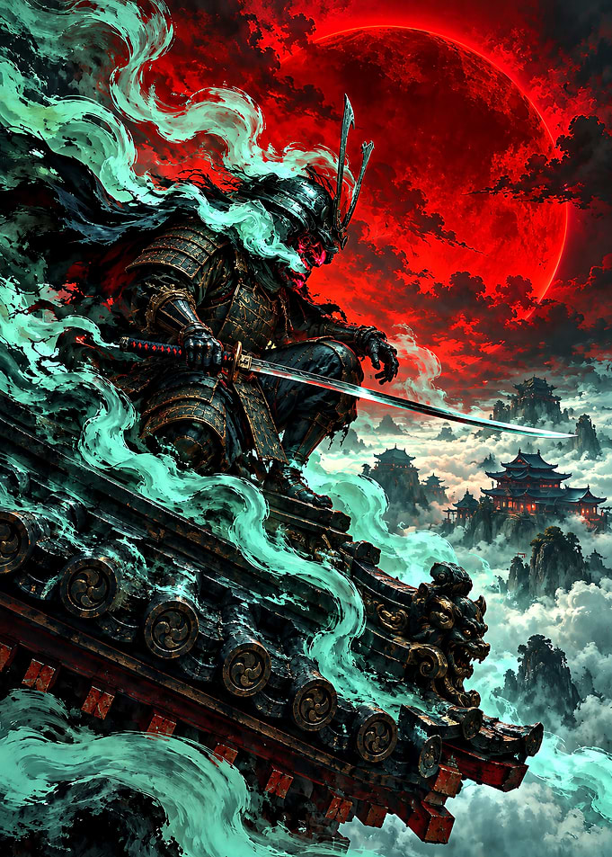 Samurai Warrior Under Red Moon