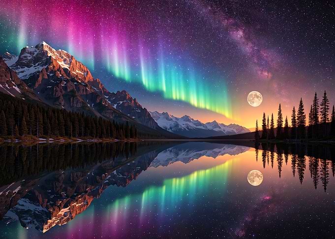 Aurora Borealis Over Mountain Lake Nature