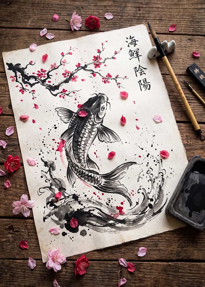 Traditional Ink Wash Koi Painting