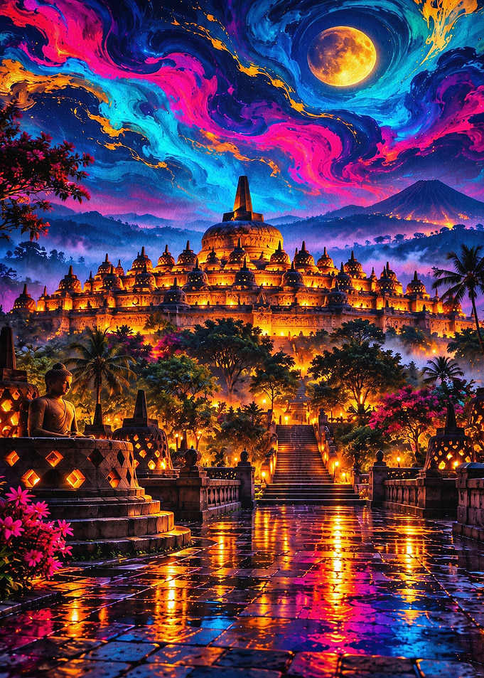 Borobudur Temple Cosmic Night Art