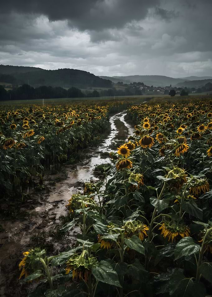 Sunflowers in a Rainy Field