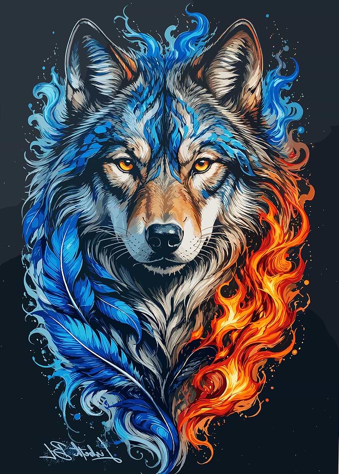 Elemental Fire and Ice Wolf Portrait