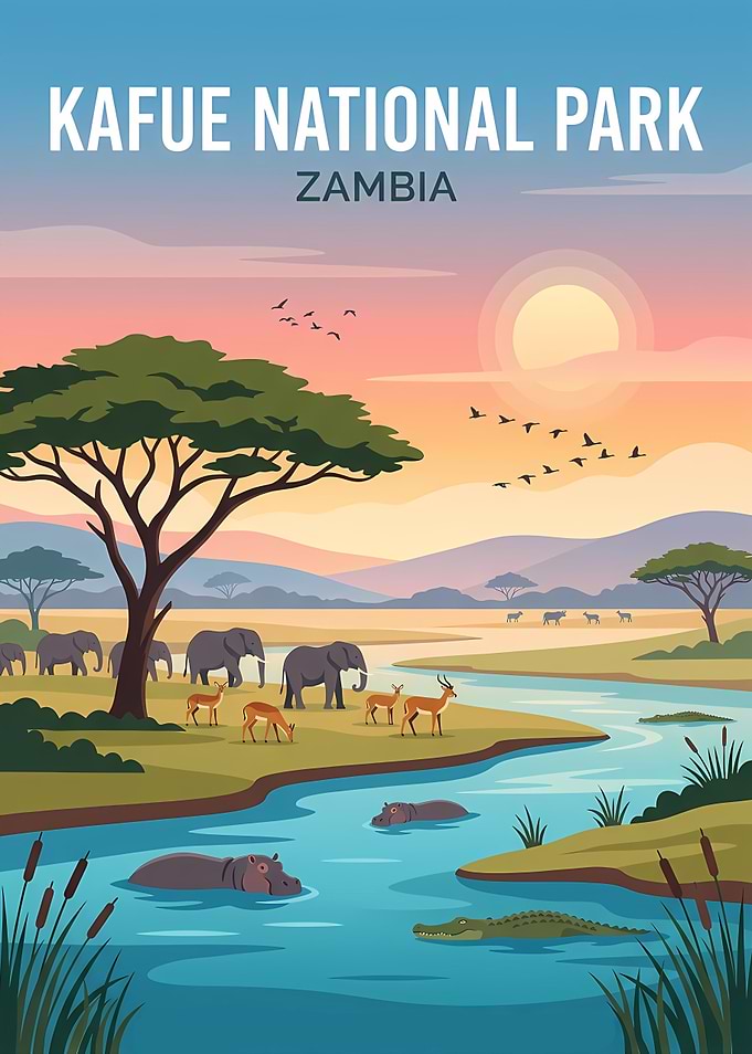 Kafue National Park Zambia Travel Poster