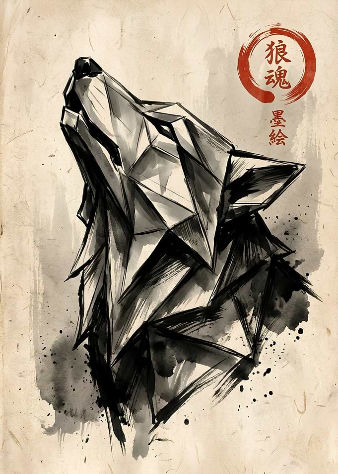 Geometric Ink Wash Wolf Portrait