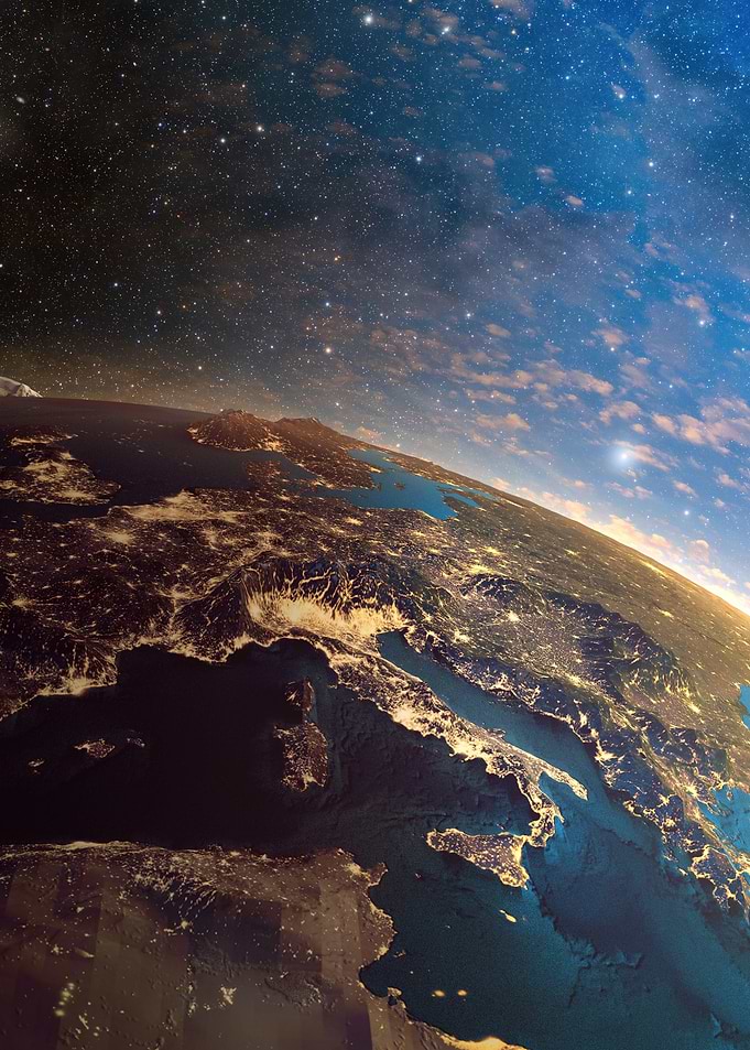 Earth at Night – Blue Galaxy and Golden City Lights from Space