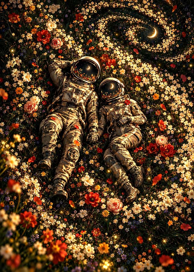 Astronauts Resting in a Floral Galaxy