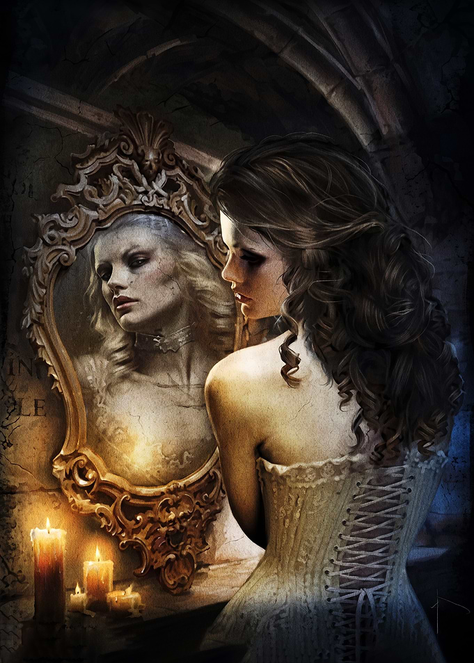 Gothic Woman Gazing into Mirror
