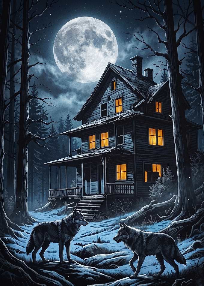 Haunted House Moon Wolf Dark Art