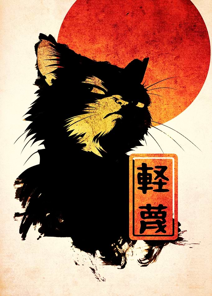 Japanese Style Black Cat Illustration